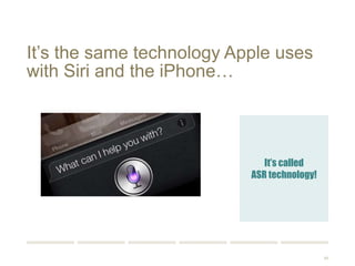 69 
It’s the same technology Apple uses 
with Siri and the iPhone… 
It’s called 
ASR technology! 
 