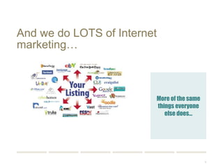 8 
And we do LOTS of Internet 
marketing… 
More of the same 
things everyone 
else does… 
 