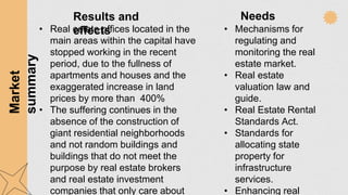 Results and
effects
Needs
Market
summary• Real estate offices located in the
main areas within the capital have
stopped working in the recent
period, due to the fullness of
apartments and houses and the
exaggerated increase in land
prices by more than 400%
• The suffering continues in the
absence of the construction of
giant residential neighborhoods
and not random buildings and
buildings that do not meet the
purpose by real estate brokers
and real estate investment
companies that only care about
• Mechanisms for
regulating and
monitoring the real
estate market.
• Real estate
valuation law and
guide.
• Real Estate Rental
Standards Act.
• Standards for
allocating state
property for
infrastructure
services.
• Enhancing real
 