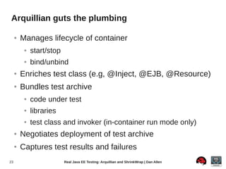 Arquillian guts the plumbing

     ●   Manages lifecycle of container
          ●   start/stop
          ●   bind/unbind
     ●   Enriches test class (e.g, @Inject, @EJB, @Resource)
     ●   Bundles test archive
          ●   code under test
          ●   libraries
          ●   test class and invoker (in-container run mode only)
     ●   Negotiates deployment of test archive
     ●   Captures test results and failures
23                         Real Java EE Testing: Arquillian and ShrinkWrap | Dan Allen
 