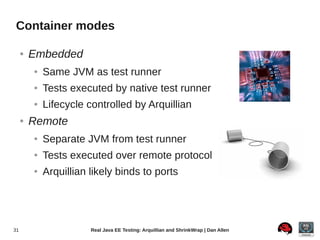 Container modes

     ●   Embedded
         ●   Same JVM as test runner
         ●   Tests executed by native test runner
         ●   Lifecycle controlled by Arquillian
     ●   Remote
         ●   Separate JVM from test runner
         ●   Tests executed over remote protocol
         ●   Arquillian likely binds to ports




31                      Real Java EE Testing: Arquillian and ShrinkWrap | Dan Allen
 