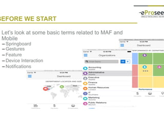 Copyright © 2014, eProseed and/or its affiliates. All rights reserved. |4
BEFORE WE START
• Let’s look at some basic terms related to MAF and
Mobile
– Springboard
– Gestures
– Feature
– Device Interaction
– Notifications
 