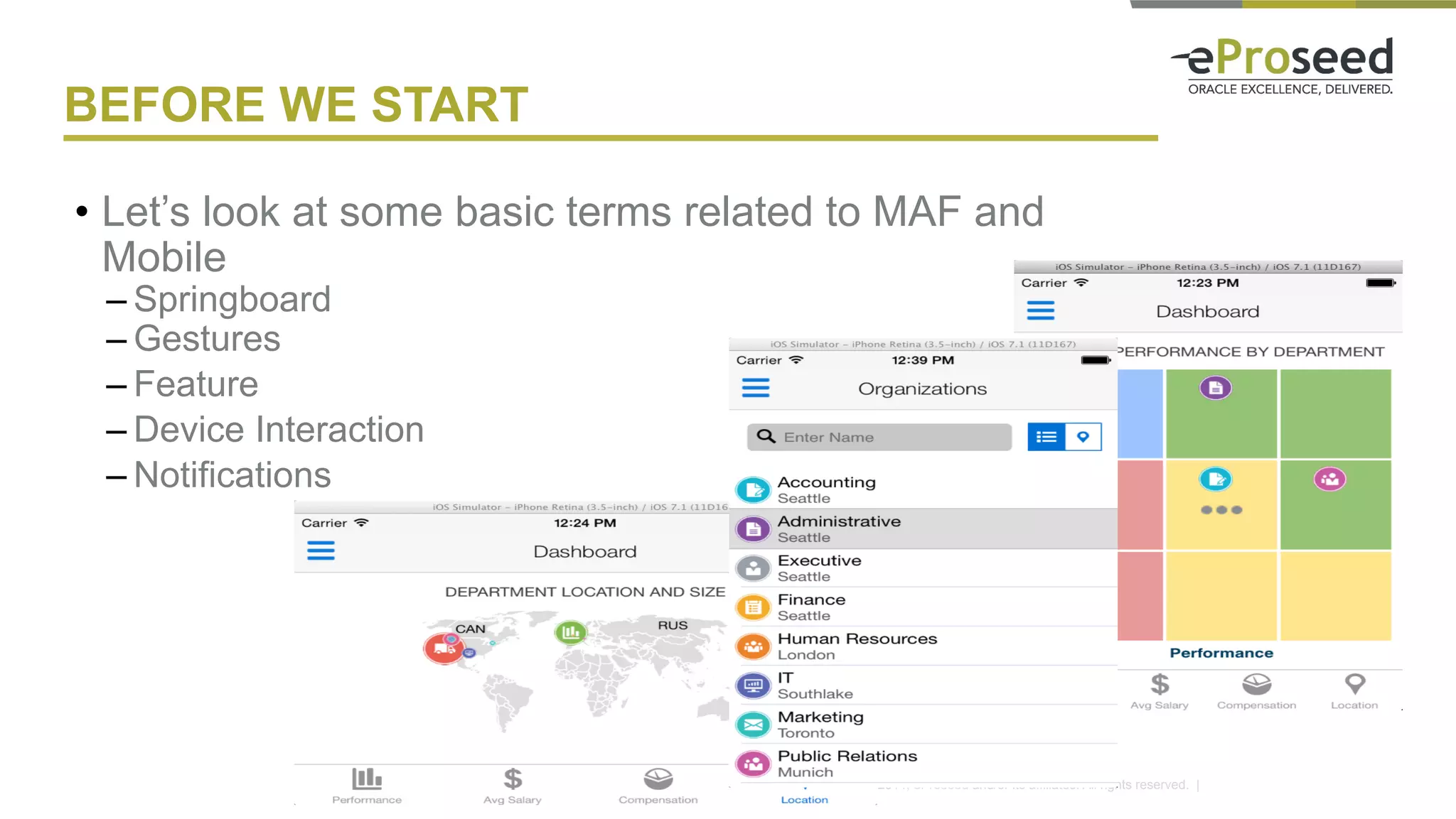 Copyright © 2014, eProseed and/or its affiliates. All rights reserved. |4
BEFORE WE START
•  Let’s look at some basic terms related to MAF and
Mobile
– Springboard
– Gestures	
– Feature
– Device Interaction
– Notifications
 