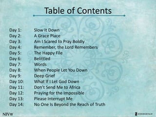 Table of Contents
Day 1:
Day 2:
Day 3:
Day 4:
Day 5:
Day 6:
Day 7:
Day 8:
Day 9:
Day 10:
Day 11:
Day 12:
Day 13:
Day 14:
Slow It Down
A Grace Place
Am I Scared to Pray Boldly
Remember, the Lord Remembers
The Happy File
Belittled
Words
When People Let You Down
Deep Grief
What If I Let God Down
Don’t Send Me to Africa
Praying for the Impossible
Please Interrupt Me
No One Is Beyond the Reach of Truth
 