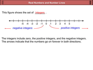 Real Numbers and Number Lines This figure shows the set of  _______ .  integers The integers include zero, the positive in...