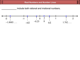 Real Numbers and Number Lines ____________ include both rational and irrational numbers. 0 2 1 -1 -2 