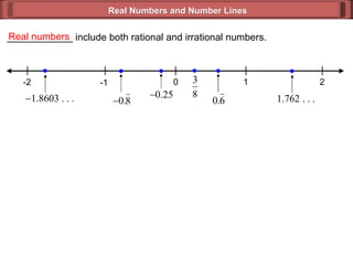 Real Numbers and Number Lines ____________ include both rational and irrational numbers. Real numbers 0 2 1 -1 -2 