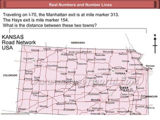 Real Numbers and Number Lines Traveling on I-70, the Manhattan exit is at mile marker 313. The Hays exit is mile marker 15...