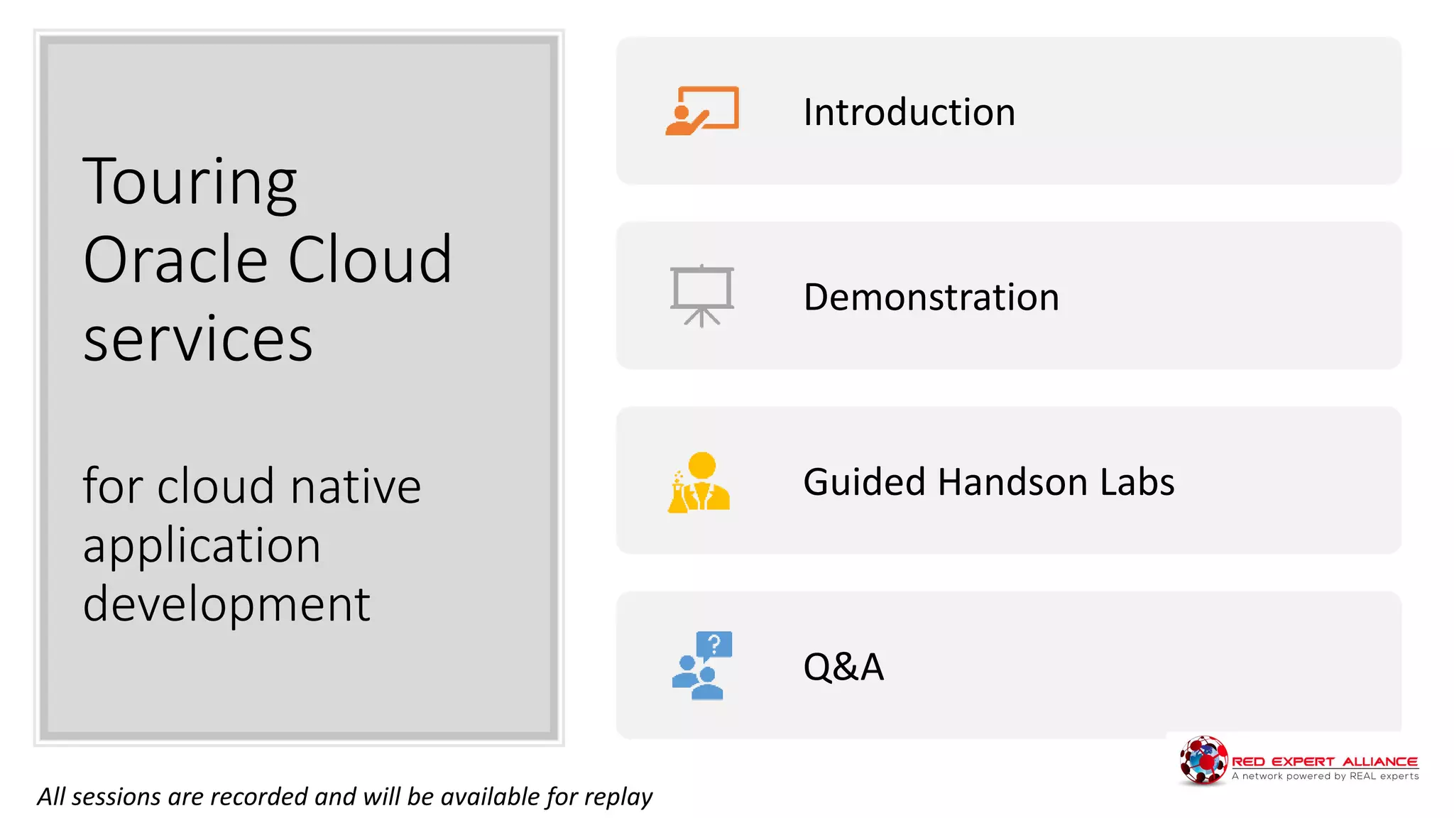 Touring
Oracle Cloud
services
for cloud native
application
development
Introduction
Demonstration
Guided Handson Labs
Q&A
All sessions are recorded and will be available for replay
 