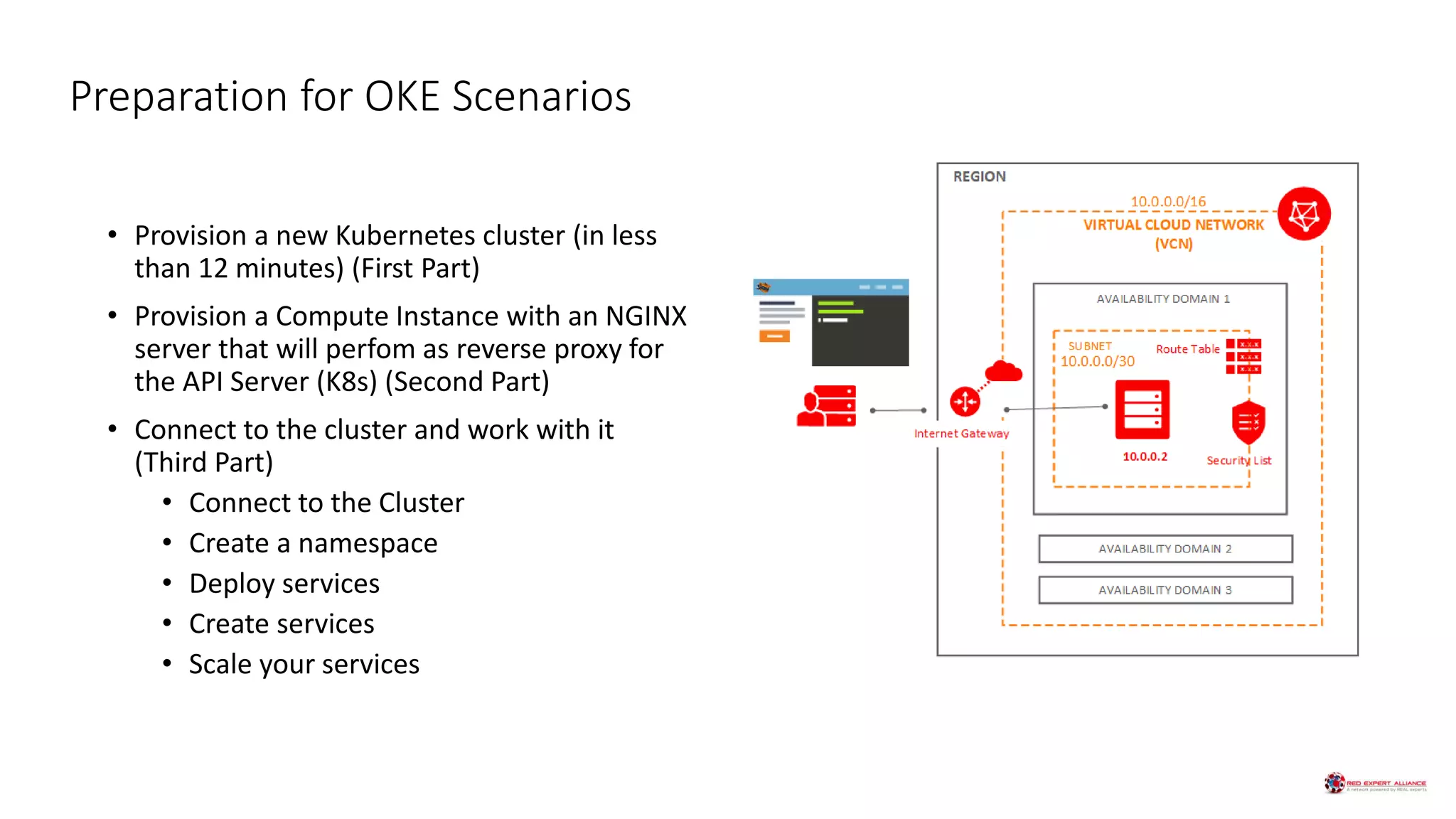 Preparation for OKE Scenarios
• Provision a new Kubernetes cluster (in less
than 12 minutes) (First Part)
• Provision a Compute Instance with an NGINX
server that will perfom as reverse proxy for
the API Server (K8s) (Second Part)
• Connect to the cluster and work with it
(Third Part)
• Connect to the Cluster
• Create a namespace
• Deploy services
• Create services
• Scale your services
 