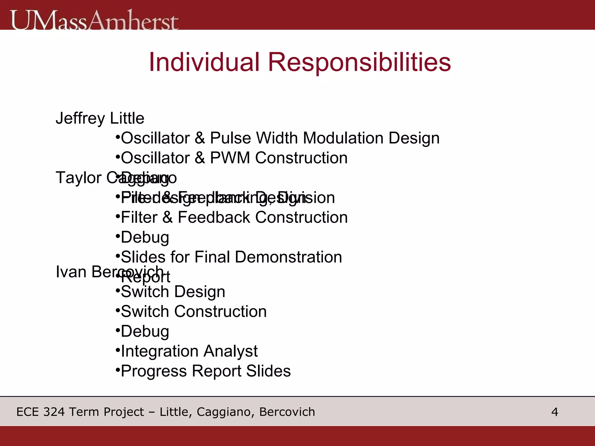 Individual Responsibilities Jeffrey Little Oscillator & Pulse Width Modulation Design  Oscillator & PWM Construction Debug Pre-design planning, Division Taylor Caggiano Filter & Feedback Design  Filter & Feedback Construction Debug Slides for Final Demonstration  Report  Ivan Bercovich  Switch Design  Switch Construction Debug Integration Analyst Progress Report Slides 
