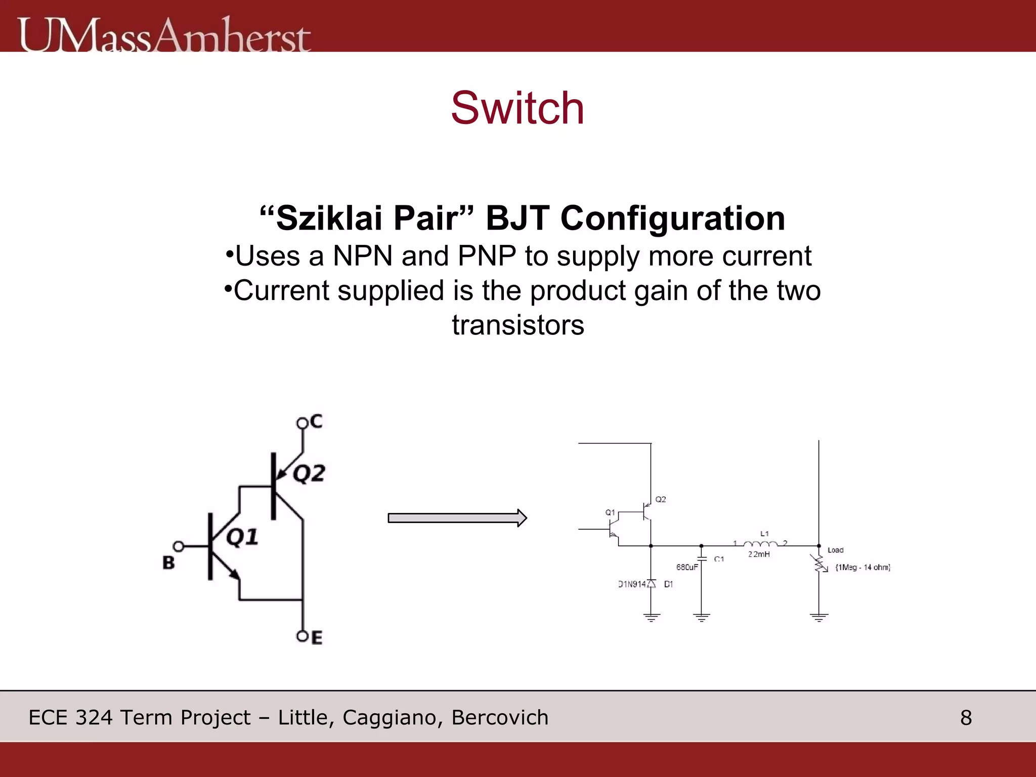 Switch “ Sziklai Pair” BJT Configuration Uses a NPN and PNP to supply more current  Current supplied is the product gain of the two transistors  