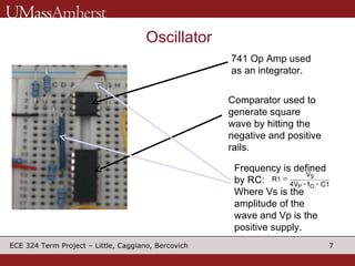 Oscillator 741 Op Amp used as an integrator.  Comparator used to generate square wave by hitting the negative and positive rails. Frequency is defined by RC: Where Vs is the amplitude of the wave and Vp is the positive supply. 