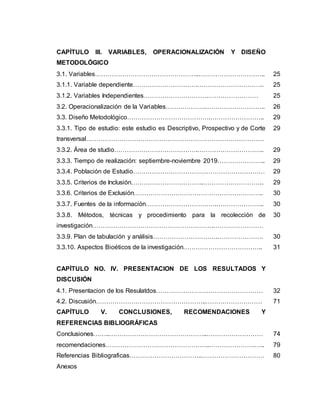 CAPÍTULO III. VARIABLES, OPERACIONALIZACIÓN Y DISEÑO
METODOLÓGICO
3.1. Variables…………………………………………..………………………….. 25
3.1.1. Variable dependiente………………………….………………………….. 25
3.1.2. Variables Independientes………………………….…………………… 25
3.2. Operacionalización de la Variables……………….……………………….. 26
3.3. Diseño Metodológico………………………………….…………………….. 29
3.3.1. Tipo de estudio: este estudio es Descriptivo, Prospectivo y de Corte
transversal………………………………………………………………………….
29
3.3.2. Área de studio………………………………….………………………….. 29
3.3.3. Tiempo de realización: septiembre-noviembre 2019………………….. 29
3.3.4. Población de Estudio……………………………………………………… 29
3.3.5. Criterios de Inclusión……………………………..……………………….. 29
3.3.6. Criterios de Exclusión…………………………………………………….. 30
3.3.7. Fuentes de la información…………………………….………………….. 30
3.3.8. Métodos, técnicas y procedimiento para la recolección de
investigación………………………………………………….……………………
30
3.3.9. Plan de tabulación y análisis………………………….…………………. 30
3.3.10. Aspectos Bioéticos de la investigación……………………………….. 31
CAPÍTULO NO. IV. PRESENTACION DE LOS RESULTADOS Y
DISCUSIÓN
4.1. Presentacion de los Resulatdos…………………………………………… 32
4.2. Discusión……………………………………………..……………………… 71
CAPÍTULO V. CONCLUSIONES, RECOMENDACIONES Y
REFERENCIAS BIBLIOGRÁFICAS
Conclusiones……..………………………………………..……………………… 74
recomendaciones…………………………………………..………………….….. 79
Referencias Bibliograficas……………………………..………………………… 80
Anexos
 