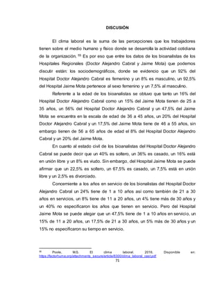 71
DISCUSIÓN
El clima laboral es la suma de las percepciones que los trabajadores
tienen sobre el medio humano y físico donde se desarrolla la actividad cotidiana
de la organización. 55 Es por eso que entre los datos de los bioanalistas de los
Hospitales Regionales (Doctor Alejandro Cabral y Jaime Mota) que podemos
discutir están: los sociodemográficos, donde se evidencio que un 92% del
Hospital Doctor Alejandro Cabral es femenino y un 8% es masculino, un 92,5%
del Hospital Jaime Mota pertenece al sexo femenino y un 7,5% al masculino.
Referente a la edad de los bioanalistas se obtuvo que tanto un 16% del
Hospital Doctor Alejandro Cabral como un 15% del Jaime Mota tienen de 25 a
35 años, un 56% del Hospital Doctor Alejandro Cabral y un 47,5% del Jaime
Mota se encuentra en la escala de edad de 36 a 45 años, un 20% del Hospital
Doctor Alejandro Cabral y un 17,5% del Jaime Mota tiene de 46 a 55 años, sin
embargo tienen de 56 a 65 años de edad el 8% del Hospital Doctor Alejandro
Cabral y un 20% del Jaime Mota.
En cuanto al estado civil de los bioanalistas del Hospital Doctor Alejandro
Cabral se puede decir que un 40% es soltero, un 36% es casado, un 16% está
en unión libre y un 8% es viudo. Sin embargo, del Hospital Jaime Mota se puede
afirmar que un 22,5% es soltero, un 67,5% es casado, un 7,5% está en unión
libre y un 2,5% es divorciado.
Concerniente a los años en servicio de los bionalistas del Hospital Doctor
Alejandro Cabral un 24% tiene de 1 a 10 años así como también de 21 a 30
años en servicios, un 8% tiene de 11 a 20 años, un 4% tiene más de 30 años y
un 40% no especificaron los años que tienen en servicio. Pero del Hospital
Jaime Mota se puede alegar que un 47,5% tiene de 1 a 10 años en servicio, un
15% de 11 a 20 años, un 17,5% de 21 a 30 años, un 5% más de 30 años y un
15% no especificaron su tiempo en servicio.
55
Poole, M.S. El clima laboral. 2016. Disponible en:
https://factorhuma.org/attachments_secure/article/8300/clima_laboral_cast.pdf
 