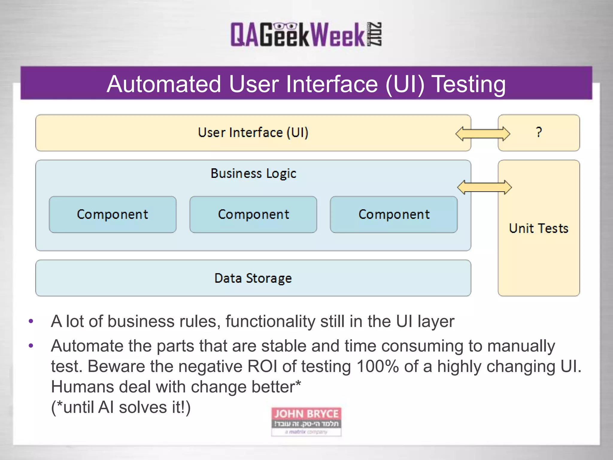 Automated User Interface (UI) Testing
• A lot of business rules, functionality still in the UI layer
• Automate the parts that are stable and time consuming to manually
test. Beware the negative ROI of testing 100% of a highly changing UI.
Humans deal with change better*
(*until AI solves it!)
 