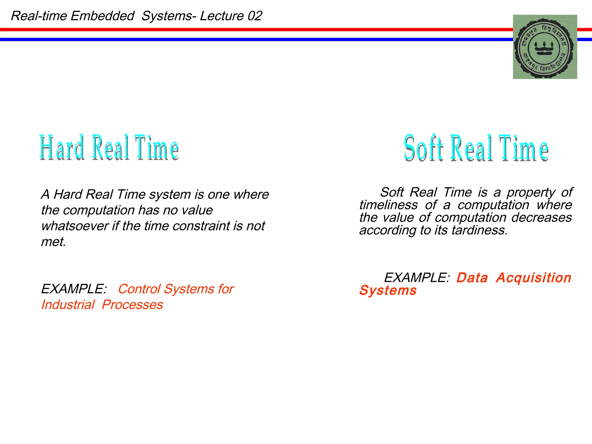 Hard Real Time Soft Real Time Soft Real Time is a property of timeliness of a computation where the value of computation decreases according to its tardiness. EXAMPLE:   Data Acquisition Systems A Hard Real Time system is one where the computation has no value whatsoever if the time constraint is not met. EXAMPLE:  Control Systems for Industrial  Processes Real-time Embedded  Systems- Lecture 02 