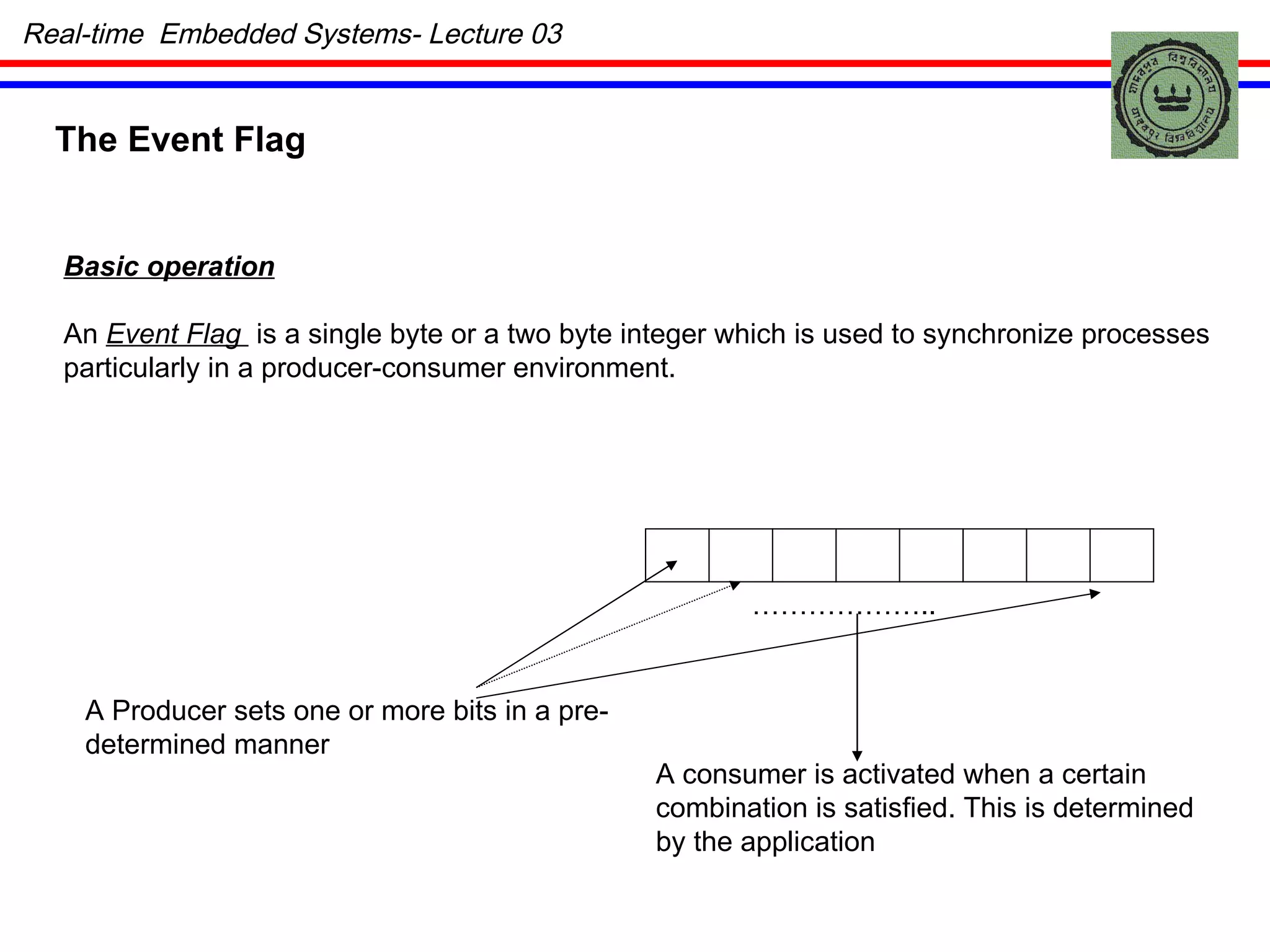 The Event Flag Basic operation An  Event Flag  is a single byte or a two byte integer which is used to synchronize processes particularly in a producer-consumer environment. A Producer sets one or more bits in a pre- determined manner ……………… .. A consumer is activated when a certain combination is satisfied. This is determined by the application Real-time  Embedded Systems- Lecture 03 