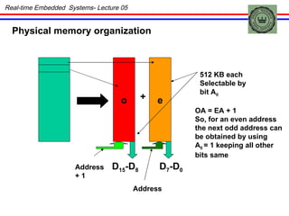 Real-time Embedded  Systems- Lecture 05 Physical memory organization o e + D 15 -D 8 D 7 -D 0 512 KB each Selectable by  bit A 0 OA = EA + 1 So, for an even address the next odd address can be obtained by using  A 0  = 1 keeping all other bits same Address Address + 1 