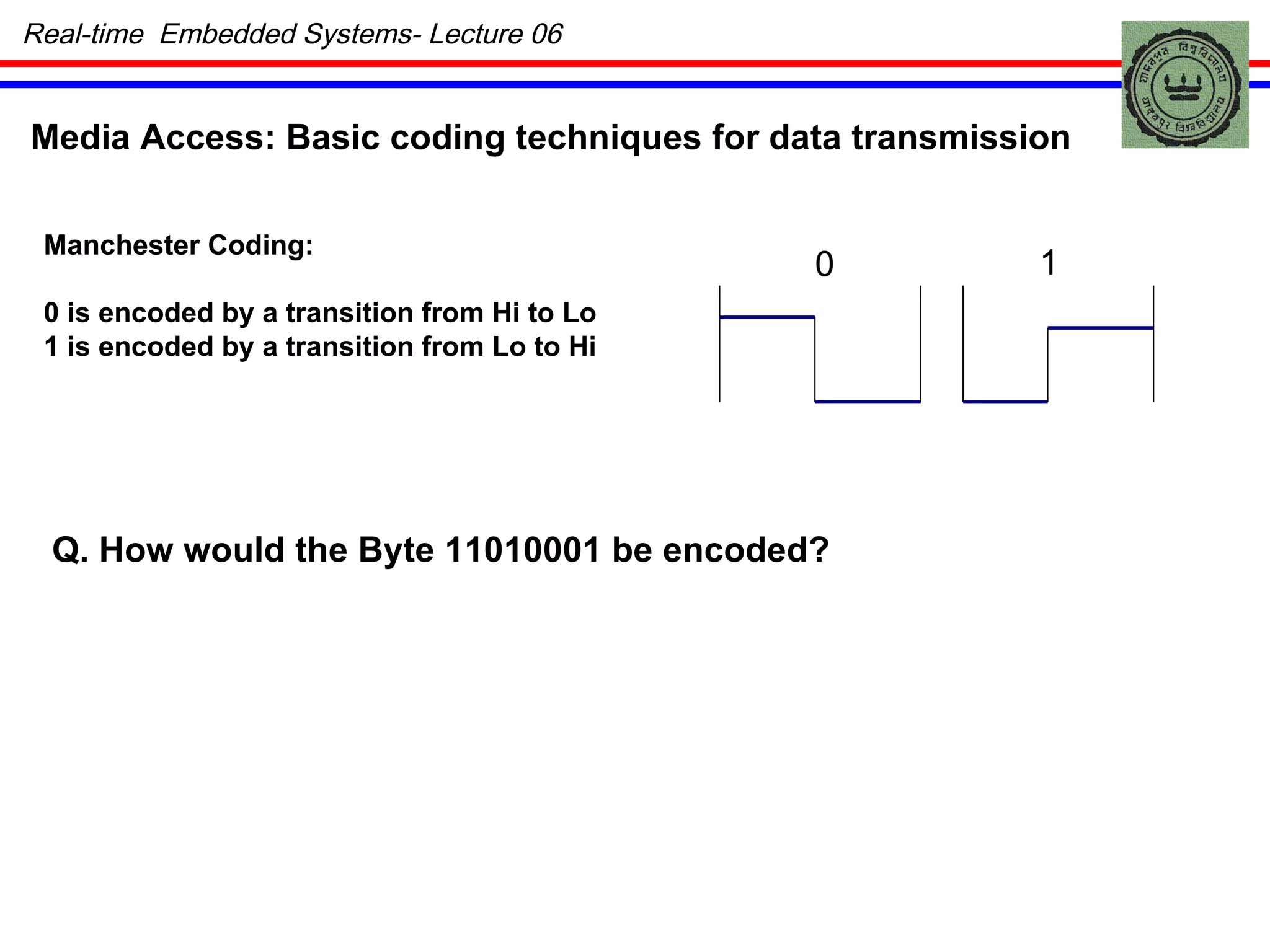 Real-time  Embedded Systems- Lecture 06 Media Access: Basic coding techniques for data transmission Manchester Coding: 0 is encoded by a transition from Hi to Lo 1 is encoded by a transition from Lo to Hi 0 1 Q. How would the Byte 11010001 be encoded? 
