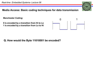Real-time  Embedded Systems- Lecture 06 Media Access: Basic coding techniques for data transmission Manchester Coding: 0 is encoded by a transition from Hi to Lo 1 is encoded by a transition from Lo to Hi 0 1 Q. How would the Byte 11010001 be encoded? 