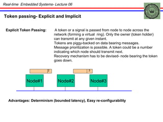 Token passing- Explicit and Implicit Explicit Token Passing: A token or a signal is passed from node to node across the  network (forming a virtual  ring). Only the owner (token holder) can transmit at any given instant. Tokens are piggy-backed on data bearing messages. Message prioritization is possible. A token could be a number indicating which node should transmit next. Recovery mechanism has to be devised- node bearing the token goes down. Node#1 Node#2 Node#3 2 3 Advantages: Determinism (bounded latency), Easy re-configurability  Real-time  Embedded Systems- Lecture 06 
