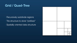 Grid / Quad-Tree


‣   Recursively subdivide regions
‣   Trie structure to store “prefixes”
‣   Spatially oriented data structure
 