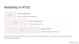 Reliability in RTOS
Fail-Soft Operation
Preserves capability during failures
Fast Context Switch
Minimizes response time
Special Alarms
Provides timeouts and interrupts
RTOS attempts to correct problems or minimize effects while continuing to run. Critical, high-priority tasks execute even
during system degradation.
 
