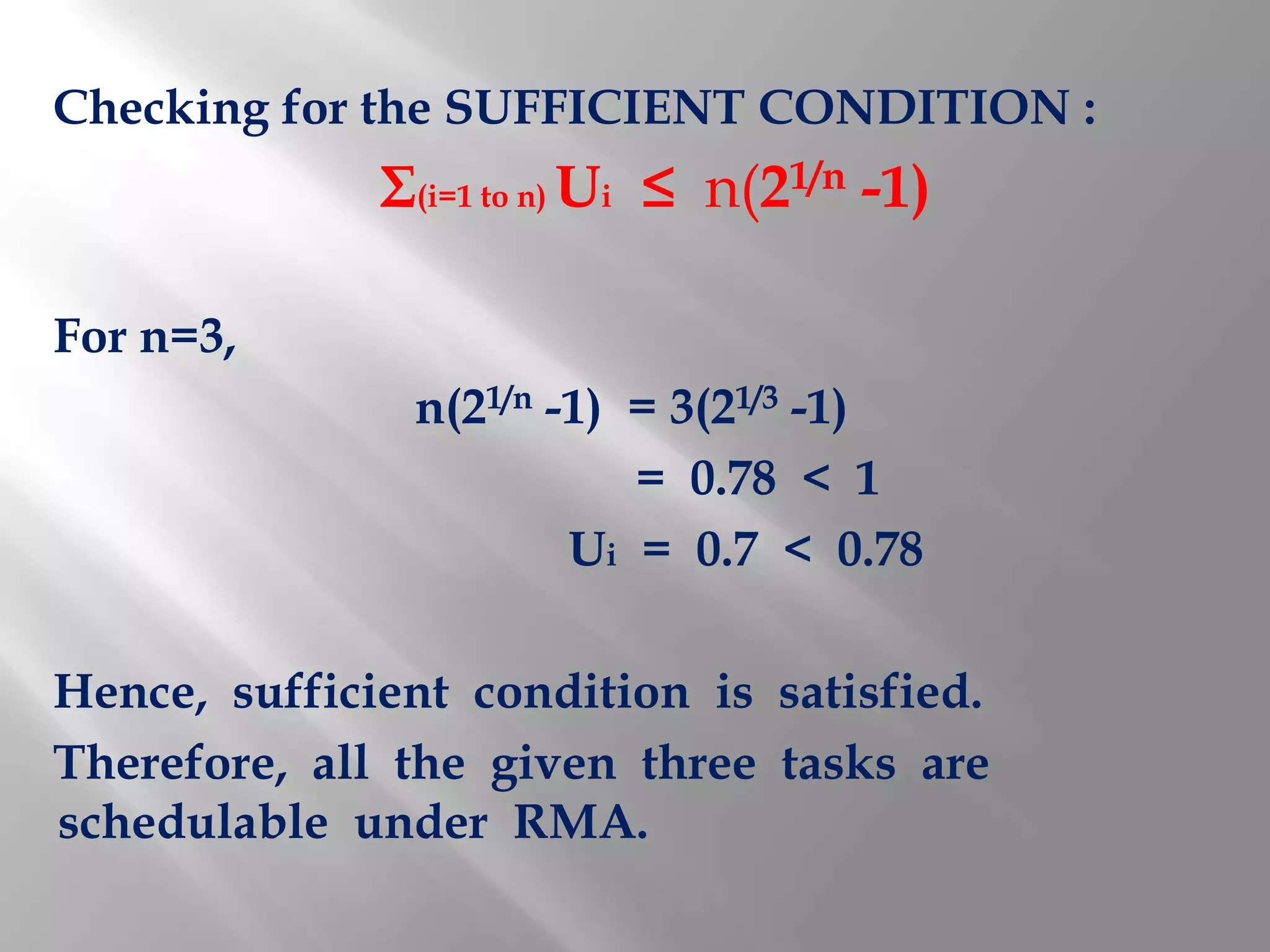 Checking for the SUFFICIENT CONDITION :
              Σ(i=1 to n) Ui ≤ n(21/n -1)

For n=3,
               n(21/n -1) = 3(21/3 -1)
                          = 0.78 < 1
                       Ui = 0.7 < 0.78

Hence, sufficient condition is satisfied.
Therefore, all the given three tasks are
schedulable under RMA.
 
