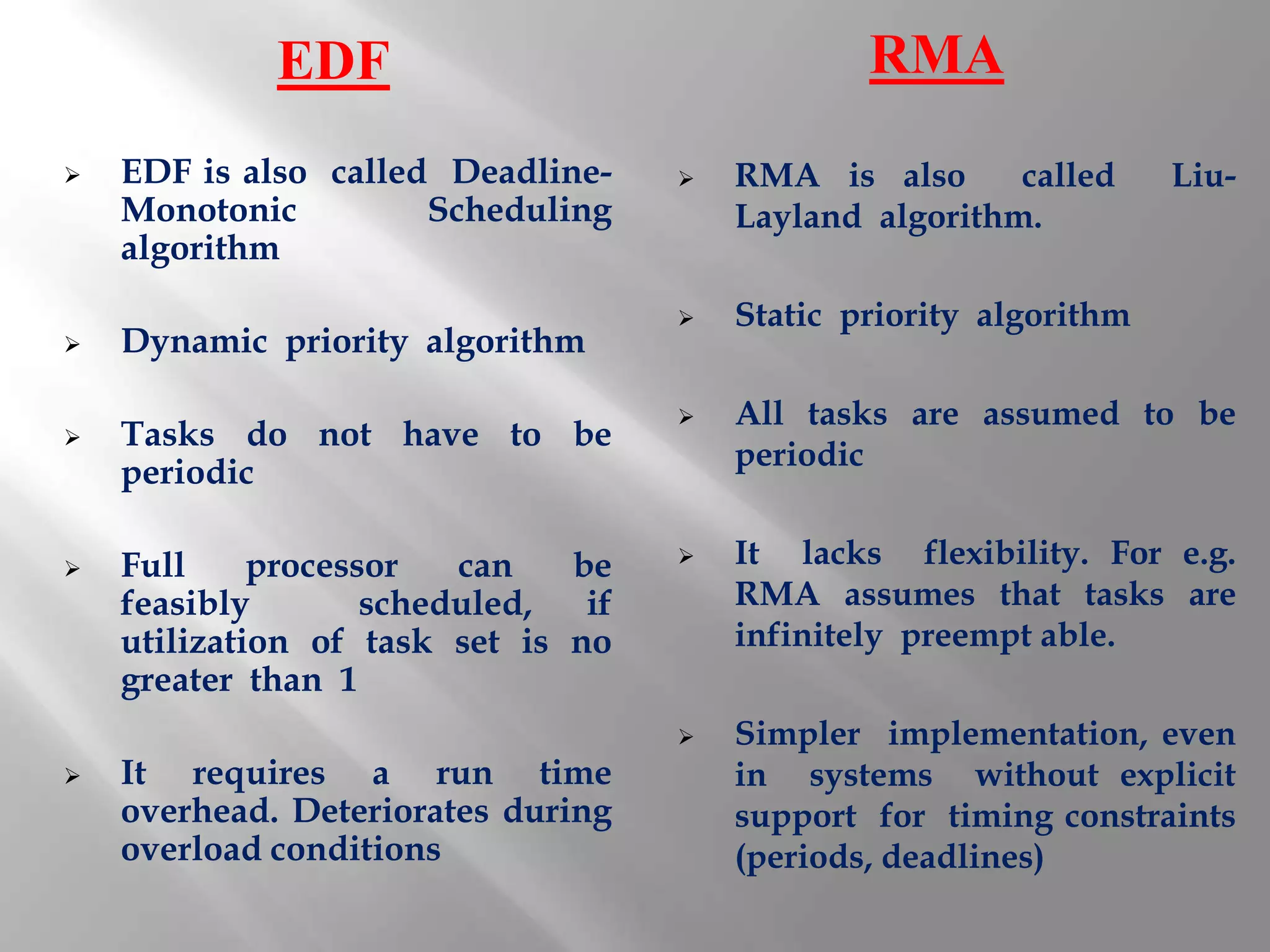 EDF                                 RMA
   EDF is also called Deadline-        RMA is also      called     Liu-
    Monotonic         Scheduling         Layland algorithm.
    algorithm
                                        Static priority algorithm
   Dynamic priority algorithm

                                        All tasks are assumed to be
   Tasks do not have to be
                                         periodic
    periodic

   Full     processor   can   be       It lacks flexibility. For e.g.
    feasibly        scheduled,  if       RMA assumes that tasks are
    utilization of task set is no        infinitely preempt able.
    greater than 1
                                        Simpler implementation, even
   It requires a run time               in systems without explicit
    overhead. Deteriorates during        support for timing constraints
    overload conditions                  (periods, deadlines)
 