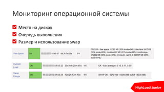 Мониторинг операционной системы
Место на дисках
Очередь выполнения
Размер и использование swap
 