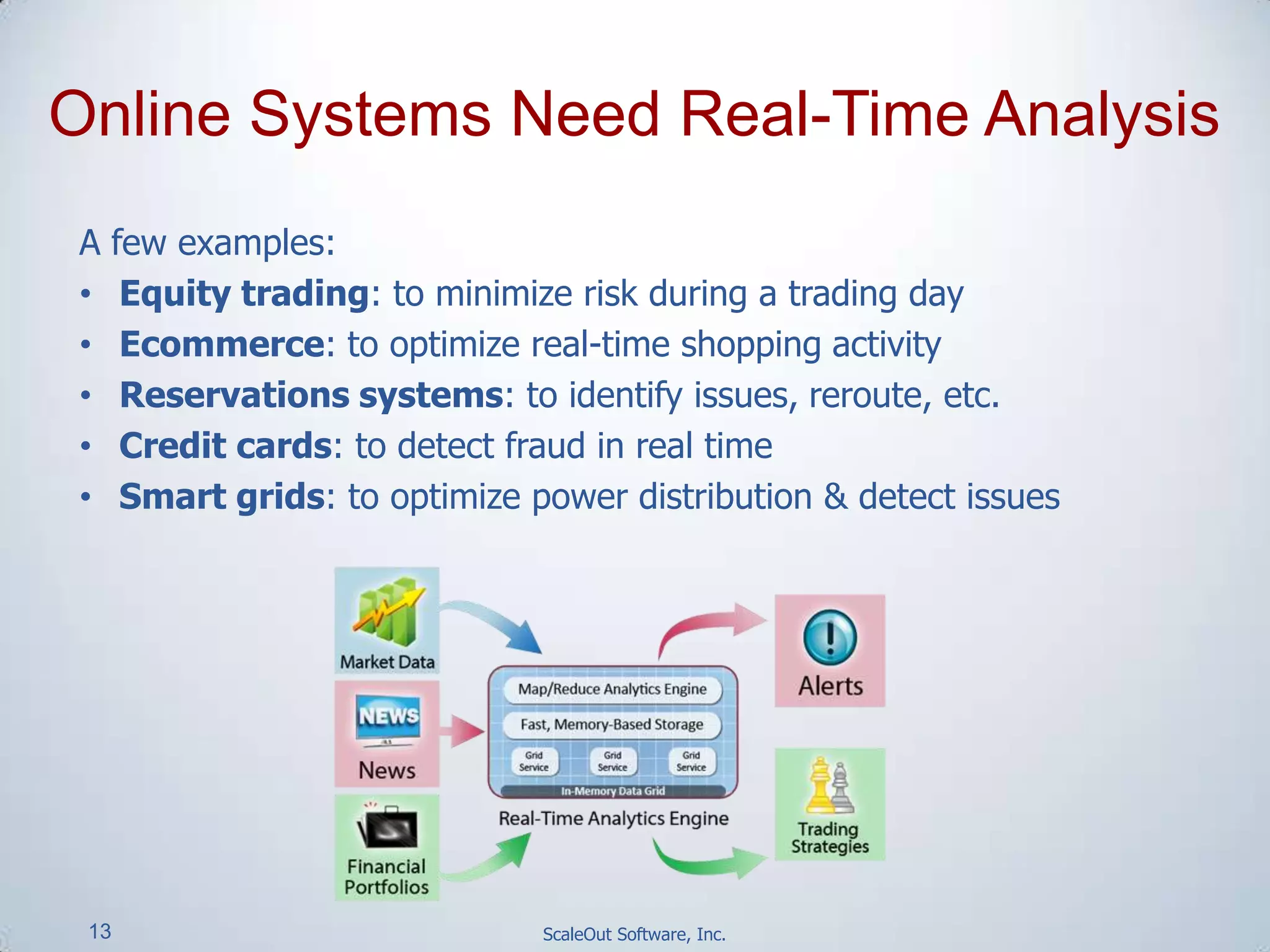 13 ScaleOut Software, Inc.
A few examples:
• Equity trading: to minimize risk during a trading day
• Ecommerce: to optimize real-time shopping activity
• Reservations systems: to identify issues, reroute, etc.
• Credit cards: to detect fraud in real time
• Smart grids: to optimize power distribution & detect issues
Online Systems Need Real-Time Analysis
 
