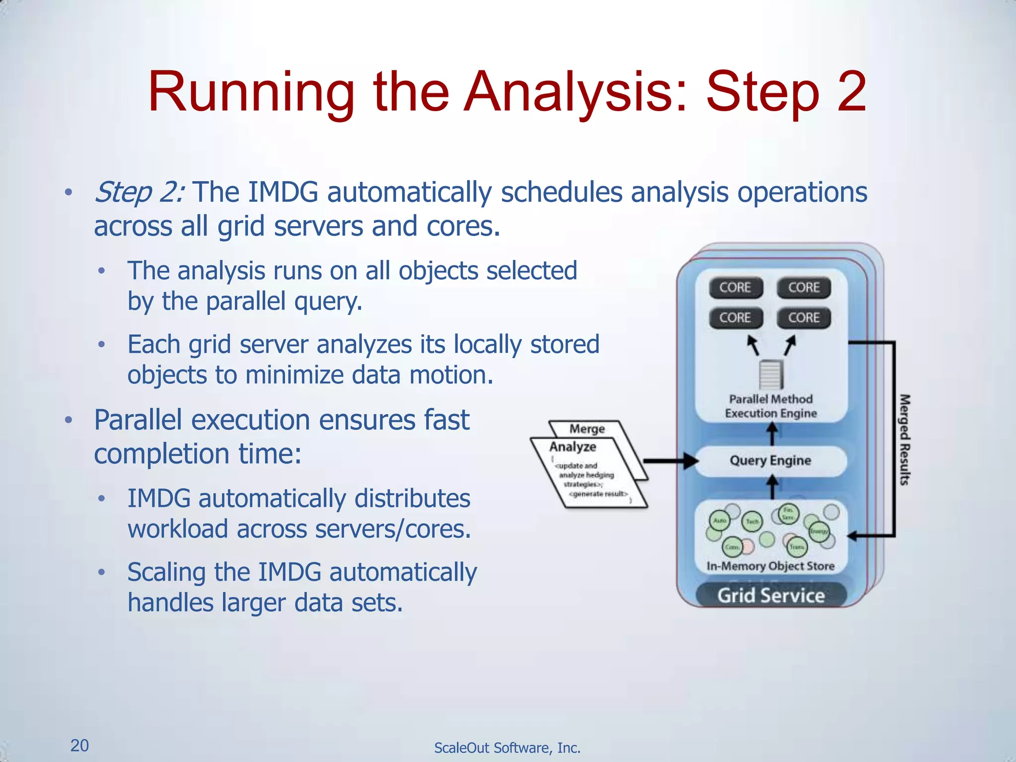 20 ScaleOut Software, Inc.
• Step 2: The IMDG automatically schedules analysis operations
across all grid servers and cores.
• The analysis runs on all objects selected
by the parallel query.
• Each grid server analyzes its locally stored
objects to minimize data motion.
• Parallel execution ensures fast
completion time:
• IMDG automatically distributes
workload across servers/cores.
• Scaling the IMDG automatically
handles larger data sets.
Running the Analysis: Step 2
 