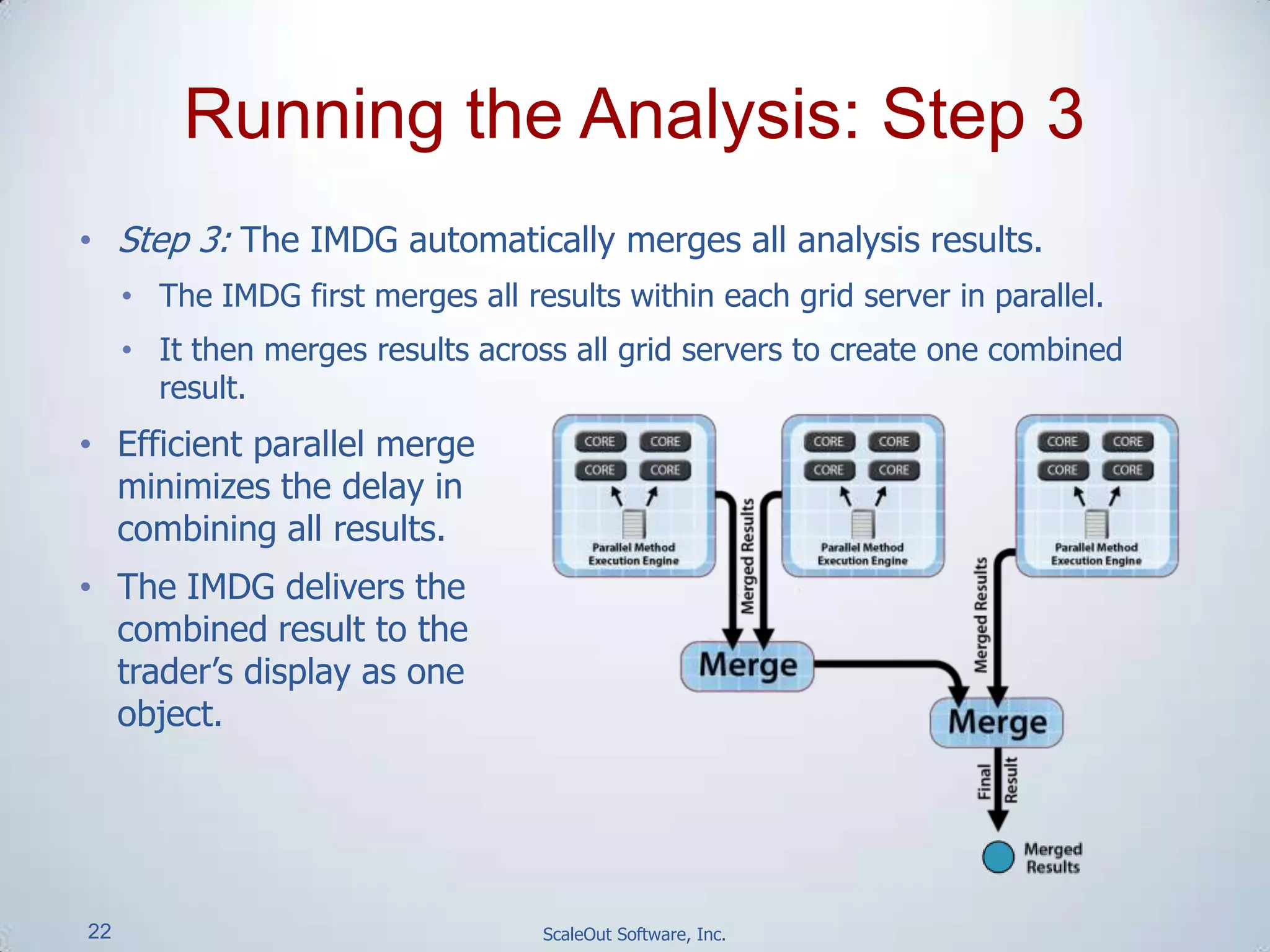 22 ScaleOut Software, Inc.
• Step 3: The IMDG automatically merges all analysis results.
• The IMDG first merges all results within each grid server in parallel.
• It then merges results across all grid servers to create one combined
result.
• Efficient parallel merge
minimizes the delay in
combining all results.
• The IMDG delivers the
combined result to the
trader’s display as one
object.
Running the Analysis: Step 3
 