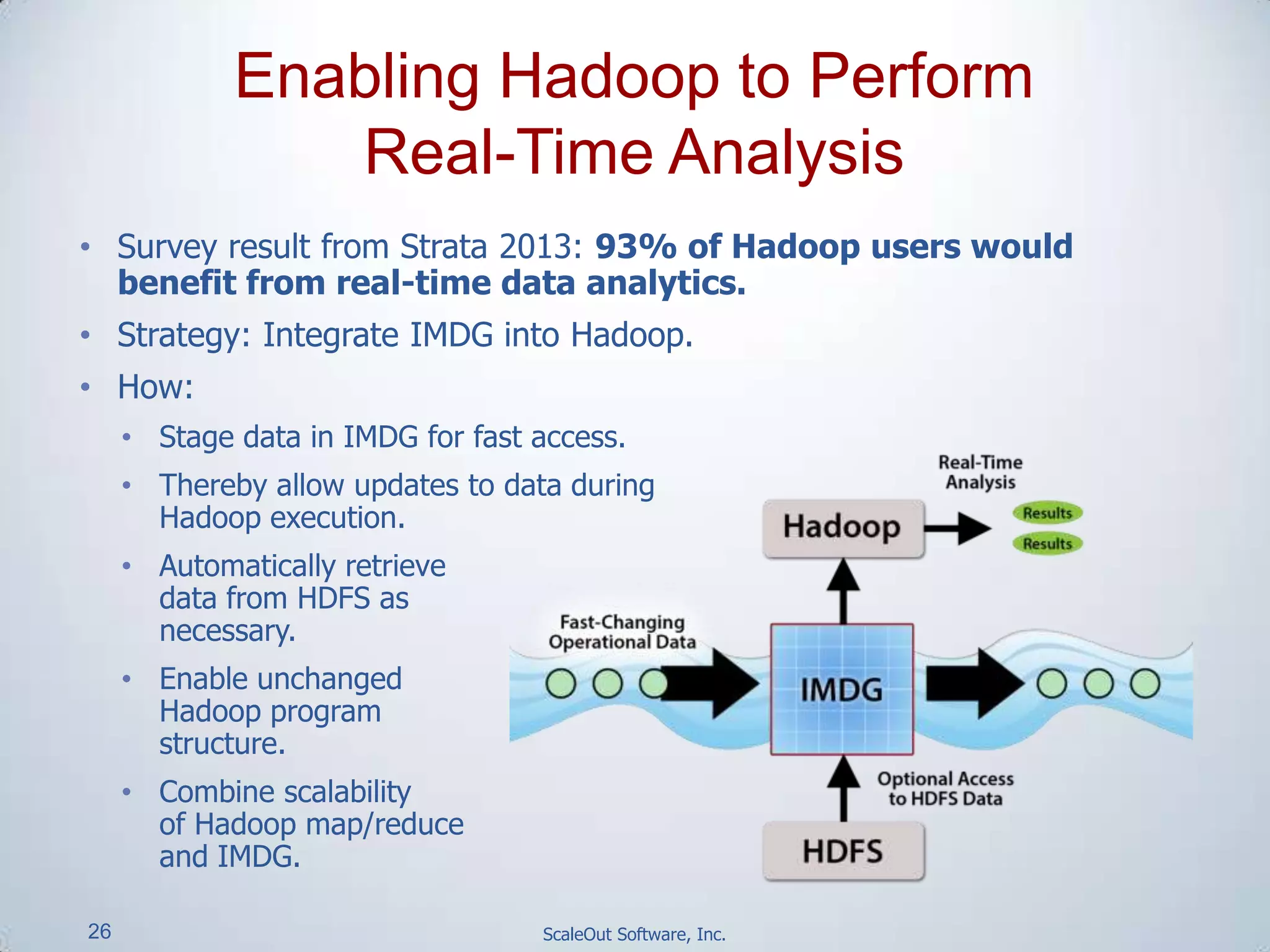 26 ScaleOut Software, Inc.
• Survey result from Strata 2013: 93% of Hadoop users would
benefit from real-time data analytics.
• Strategy: Integrate IMDG into Hadoop.
• How:
• Stage data in IMDG for fast access.
• Thereby allow updates to data during
Hadoop execution.
• Automatically retrieve
data from HDFS as
necessary.
• Enable unchanged
Hadoop program
structure.
• Combine scalability
of Hadoop map/reduce
and IMDG.
Enabling Hadoop to Perform
Real-Time Analysis
 