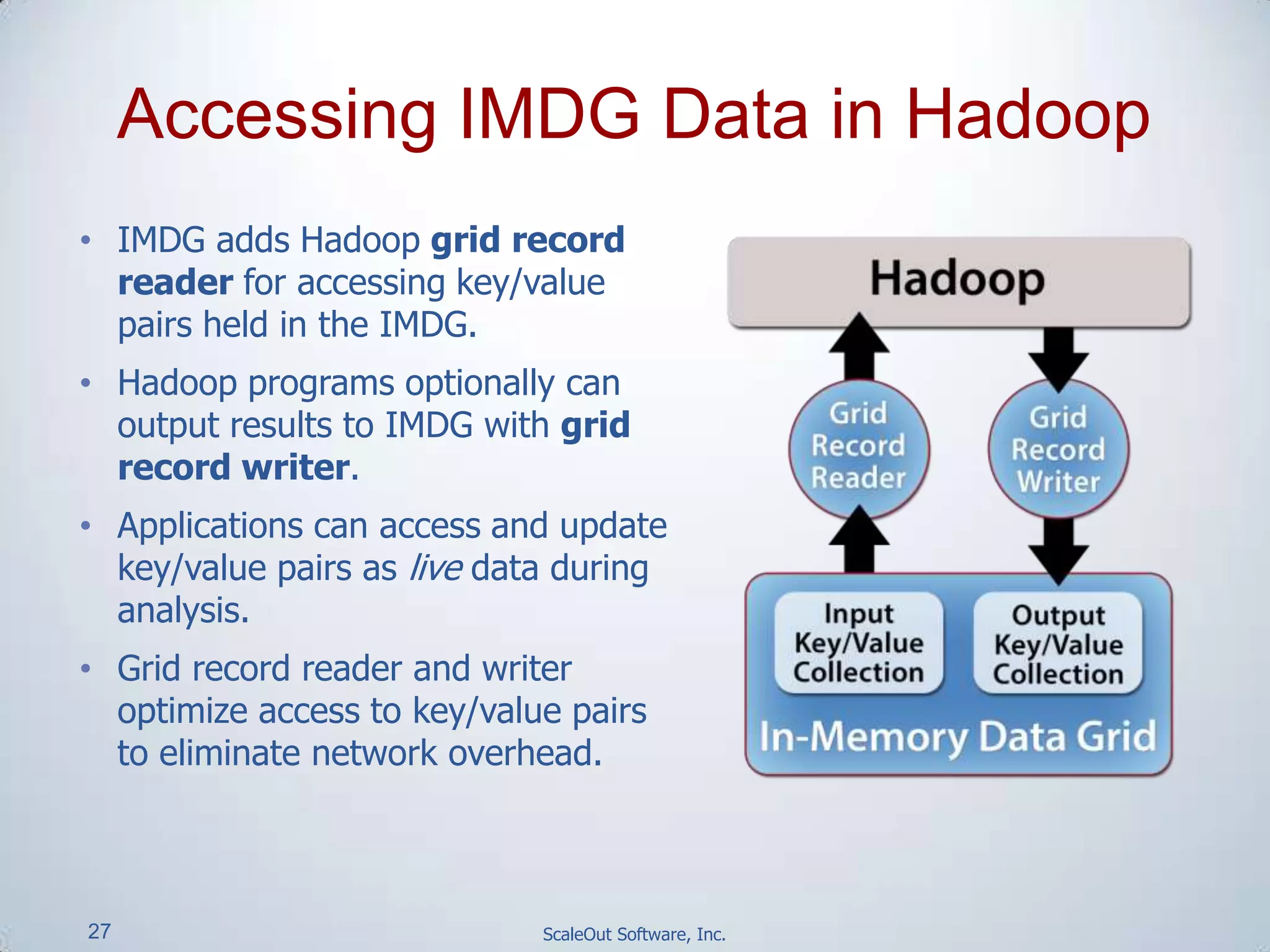 27 ScaleOut Software, Inc.
• IMDG adds Hadoop grid record
reader for accessing key/value
pairs held in the IMDG.
• Hadoop programs optionally can
output results to IMDG with grid
record writer.
• Applications can access and update
key/value pairs as live data during
analysis.
• Grid record reader and writer
optimize access to key/value pairs
to eliminate network overhead.
Accessing IMDG Data in Hadoop
 