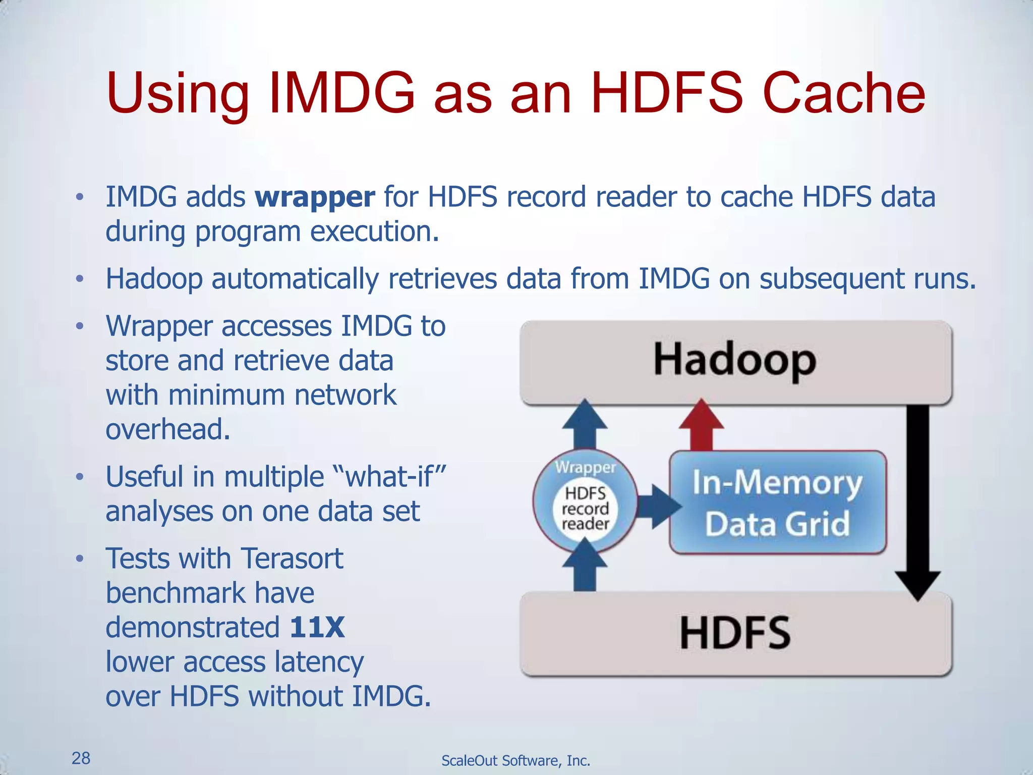 28 ScaleOut Software, Inc.
• IMDG adds wrapper for HDFS record reader to cache HDFS data
during program execution.
• Hadoop automatically retrieves data from IMDG on subsequent runs.
• Wrapper accesses IMDG to
store and retrieve data
with minimum network
overhead.
• Useful in multiple “what-if”
analyses on one data set
• Tests with Terasort
benchmark have
demonstrated 11X
lower access latency
over HDFS without IMDG.
Using IMDG as an HDFS Cache
 