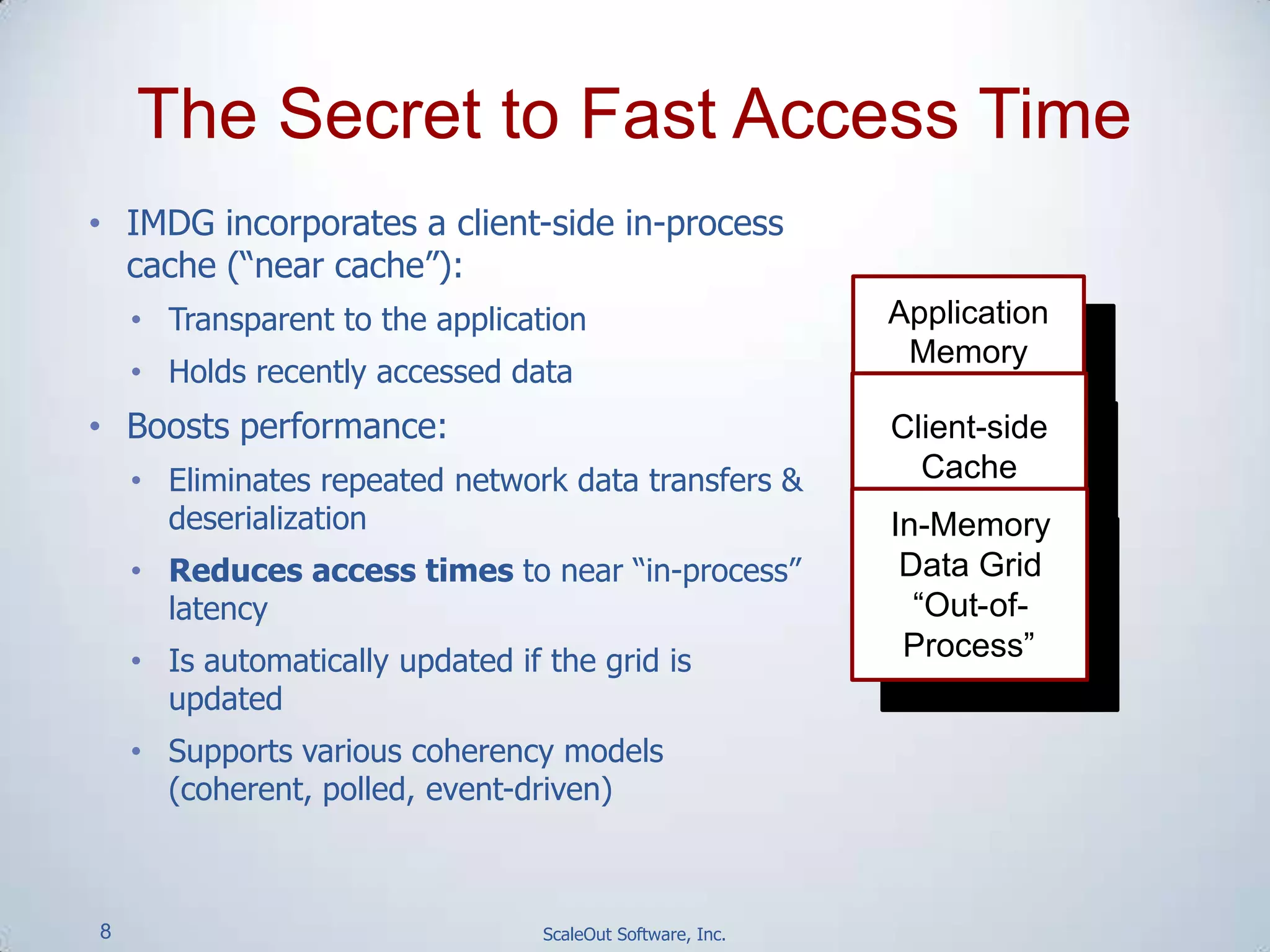 8 ScaleOut Software, Inc.
• IMDG incorporates a client-side in-process
cache (“near cache”):
• Transparent to the application
• Holds recently accessed data
• Boosts performance:
• Eliminates repeated network data transfers &
deserialization
• Reduces access times to near “in-process”
latency
• Is automatically updated if the grid is
updated
• Supports various coherency models
(coherent, polled, event-driven)
The Secret to Fast Access Time
Application
Memory
“In-Process”
Client-side
Cache
“In-Process”
In-Memory
Data Grid
“Out-of-
Process”
 