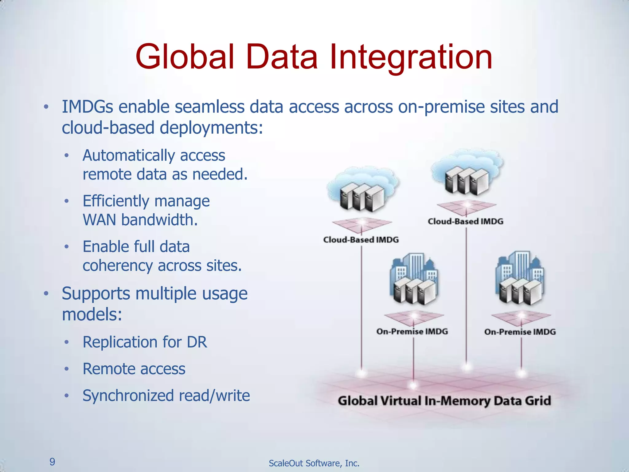 9 ScaleOut Software, Inc.
• IMDGs enable seamless data access across on-premise sites and
cloud-based deployments:
• Automatically access
remote data as needed.
• Efficiently manage
WAN bandwidth.
• Enable full data
coherency across sites.
• Supports multiple usage
models:
• Replication for DR
• Remote access
• Synchronized read/write
Global Data Integration
 
