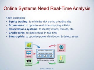 13 ScaleOut Software, Inc.
A few examples:
• Equity trading: to minimize risk during a trading day
• Ecommerce: to optimize real-time shopping activity
• Reservations systems: to identify issues, reroute, etc.
• Credit cards: to detect fraud in real time
• Smart grids: to optimize power distribution & detect issues
Online Systems Need Real-Time Analysis
 