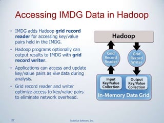 27 ScaleOut Software, Inc.
• IMDG adds Hadoop grid record
reader for accessing key/value
pairs held in the IMDG.
• Hadoop programs optionally can
output results to IMDG with grid
record writer.
• Applications can access and update
key/value pairs as live data during
analysis.
• Grid record reader and writer
optimize access to key/value pairs
to eliminate network overhead.
Accessing IMDG Data in Hadoop
 