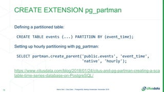 Marco Slot | Citus Data | PostgreSQL Meetup Amsterdam: November 2018
Defining a partitioned table:
CREATE TABLE events (.....