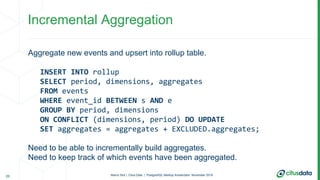 Marco Slot | Citus Data | PostgreSQL Meetup Amsterdam: November 2018
Aggregate new events and upsert into rollup table.
IN...