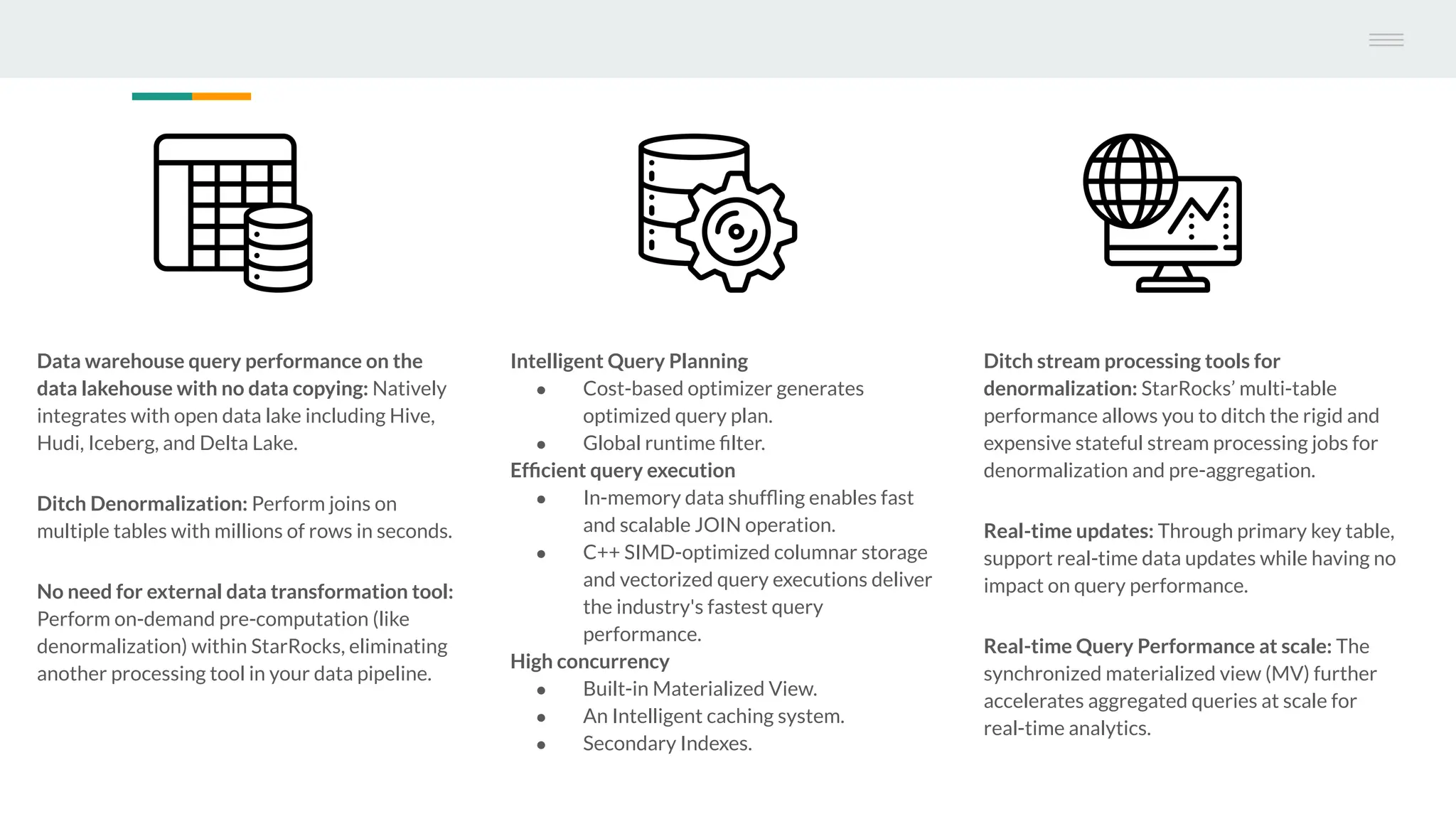 Data warehouse query performance on the
data lakehouse with no data copying: Natively
integrates with open data lake including Hive,
Hudi, Iceberg, and Delta Lake.
Ditch Denormalization: Perform joins on
multiple tables with millions of rows in seconds.
No need for external data transformation tool:
Perform on-demand pre-computation (like
denormalization) within StarRocks, eliminating
another processing tool in your data pipeline.
Intelligent Query Planning
● Cost-based optimizer generates
optimized query plan.
● Global runtime ﬁlter.
Efﬁcient query execution
● In-memory data shufﬂing enables fast
and scalable JOIN operation.
● C++ SIMD-optimized columnar storage
and vectorized query executions deliver
the industry's fastest query
performance.
High concurrency
● Built-in Materialized View.
● An Intelligent caching system.
● Secondary Indexes.
Ditch stream processing tools for
denormalization: StarRocks’ multi-table
performance allows you to ditch the rigid and
expensive stateful stream processing jobs for
denormalization and pre-aggregation.
Real-time updates: Through primary key table,
support real-time data updates while having no
impact on query performance.
Real-time Query Performance at scale: The
synchronized materialized view (MV) further
accelerates aggregated queries at scale for
real-time analytics.
 