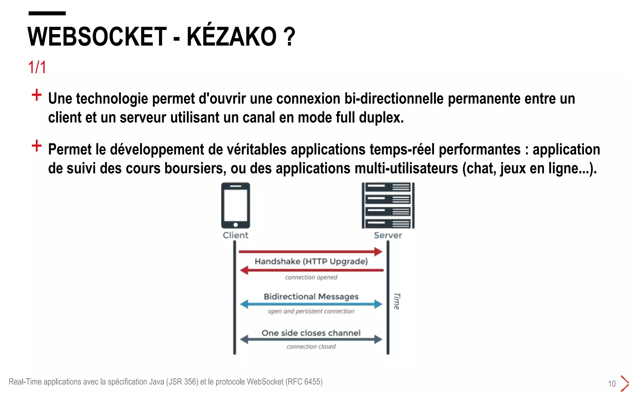 5/5
LES TECHNIQUES DE PUSH DE DONNÉES
8
+ Server Side Event :
Un mécanisme de communication comparable à JMS : les clients s'inscrivent à un bus de
messages auprès du serveur, qui peut alors leur transmettre des données de manière
asynchrone via HTTP (= unidirectionnelle)
L'API SSE est normalisée dans le cadre de HTML5 par le W3C.
Real-Time applications avec la spécification Java (JSR 356) et le protocole WebSocket (RFC 6455)
 