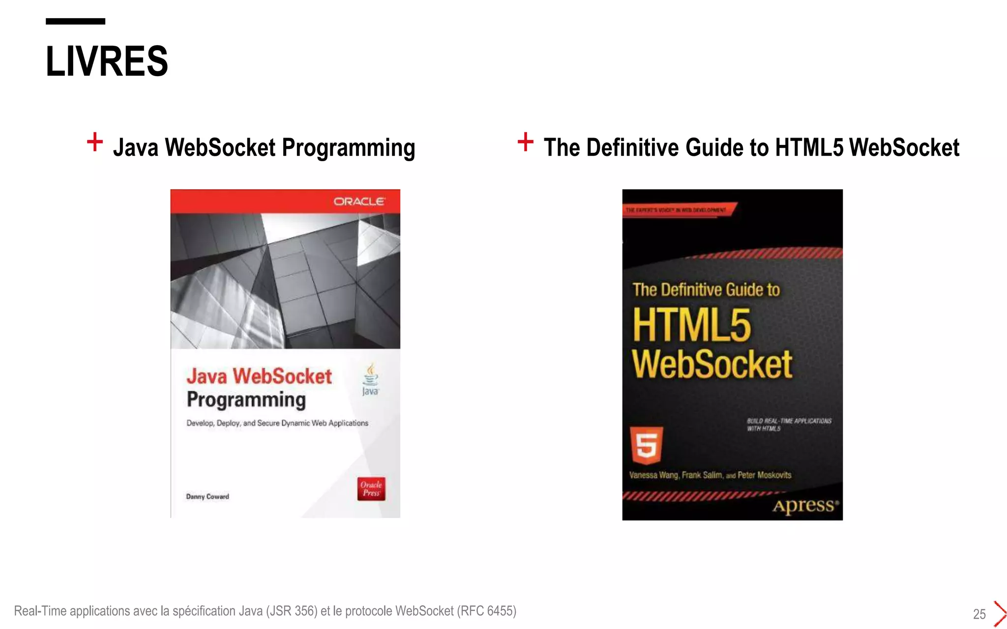 LIVRES
25
+ Java WebSocket Programming + The Definitive Guide to HTML5 WebSocket
Real-Time applications avec la spécification Java (JSR 356) et le protocole WebSocket (RFC 6455)
 