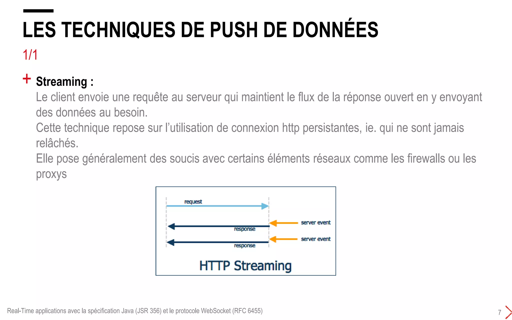 2/5
LES TECHNIQUES DE PUSH DE DONNÉES
6
+ Long polling :
Le client ouvre une connexion et envoie une requête HTTP au serveur qui ne renvoie la réponse
que si un événement force l'envoi de données au client ou après un certain timeout.
Le nombre de requêtes/réponses peut ainsi être réduit sauf si le nombre d'événements est très
important.
Real-Time applications avec la spécification Java (JSR 356) et le protocole WebSocket (RFC 6455)
 