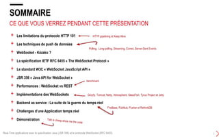 CE QUE VOUS VERREZ PENDANT CETTE PRÉSENTATION
SOMMAIRE
1
+ Les limitations du protocole HTTP 101
+ Les techniques de push de données
+ WebSocket - Kézako ?
+ La spécification IETF RFC 6455 « The WebSocket Protocol »
+ Le standard W3C « WebSocket JavaScript API »
+ JSR 356 « Java API for WebSocket »
+ Performances : WebSocket vs REST
+ Implémentations des WebSockets
+ Backend as service : La suite de la guerre du temps réel
+ Challenges d’une Application temps réel
+ Démonstration
FireBase, PubNub, Pusher et RethinkDB
Polling, Long-polling, Streaming, Comet, SSE(Server-Sent Events)
benchmark
Grizzly, Tomcat, Netty, Atmosphere, GlassFish, Tyrus Project et Jetty
HTTP pipelining et Keep Alive
Real-Time applications avec la spécification Java (JSR 356) et le protocole WebSocket (RFC 6455)
 