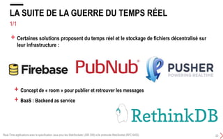1/1 BACKEND AS SERVICE
LA SUITE DE LA GUERRE DU TEMPS RÉEL
23
+ Certaines solutions proposent du temps réel et le stockage de fichiers décentralisé sur
leur infrastructure :
+ Concept de « room » pour publier et retrouver les messages
+ BaaS : Backend as service
Real-Time applications avec la spécification Java pour les WebSockets (JSR 356) et le protocole WebSocket (RFC 6455)
 