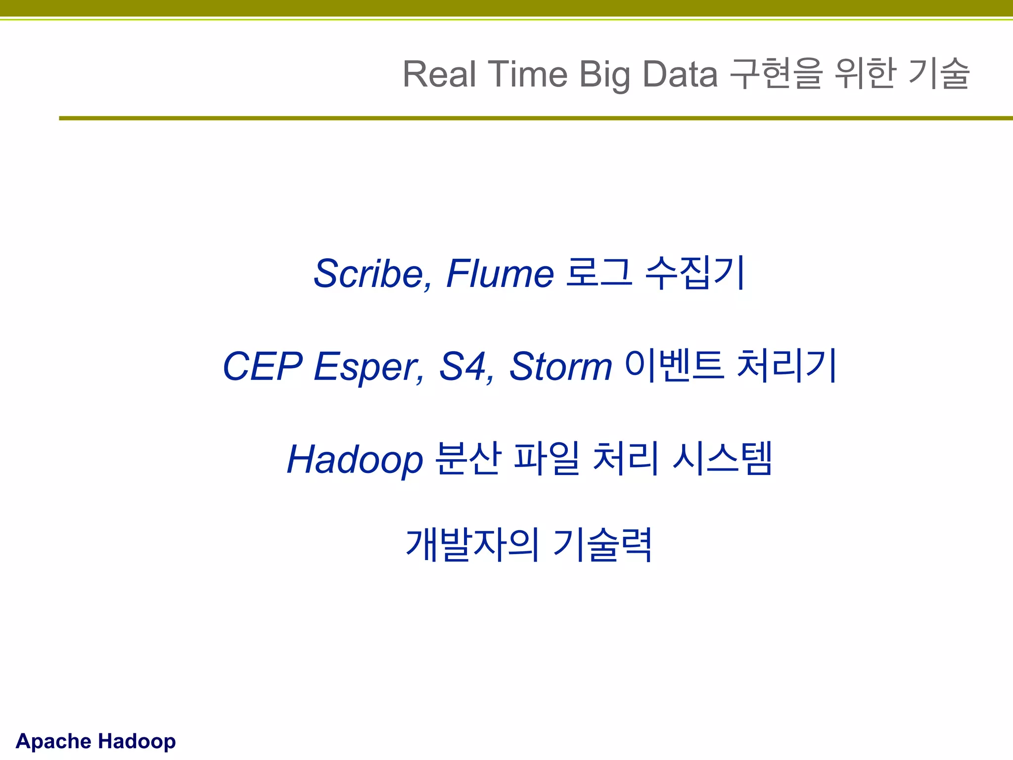 Real Time Big Data 구현을 위한 기술

Scribe, Flume 로그 수집기
CEP Esper, S4, Storm 이벤트 처리기
Hadoop 분산 파일 처리 시스템
개발자의 기술력

Apache Hadoop

 